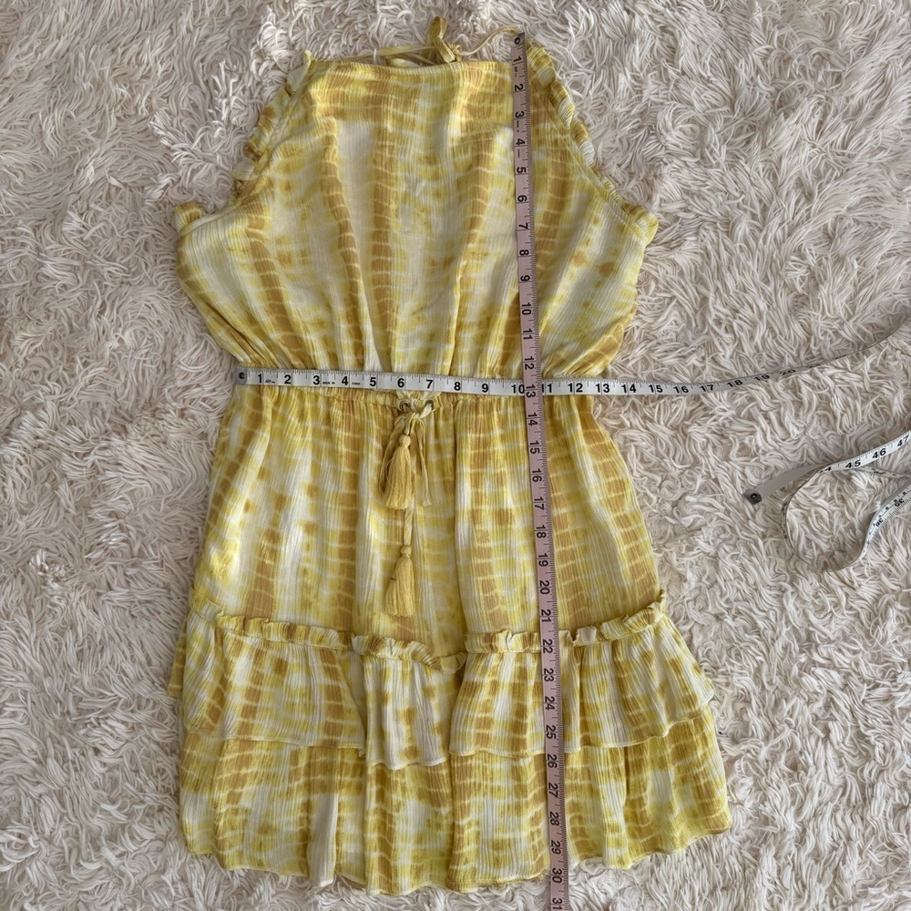 Majorelle baker Yellow Tie-Dye Ruffle Mini Dress Size S backless elastic waist - Picture 8 of 10
